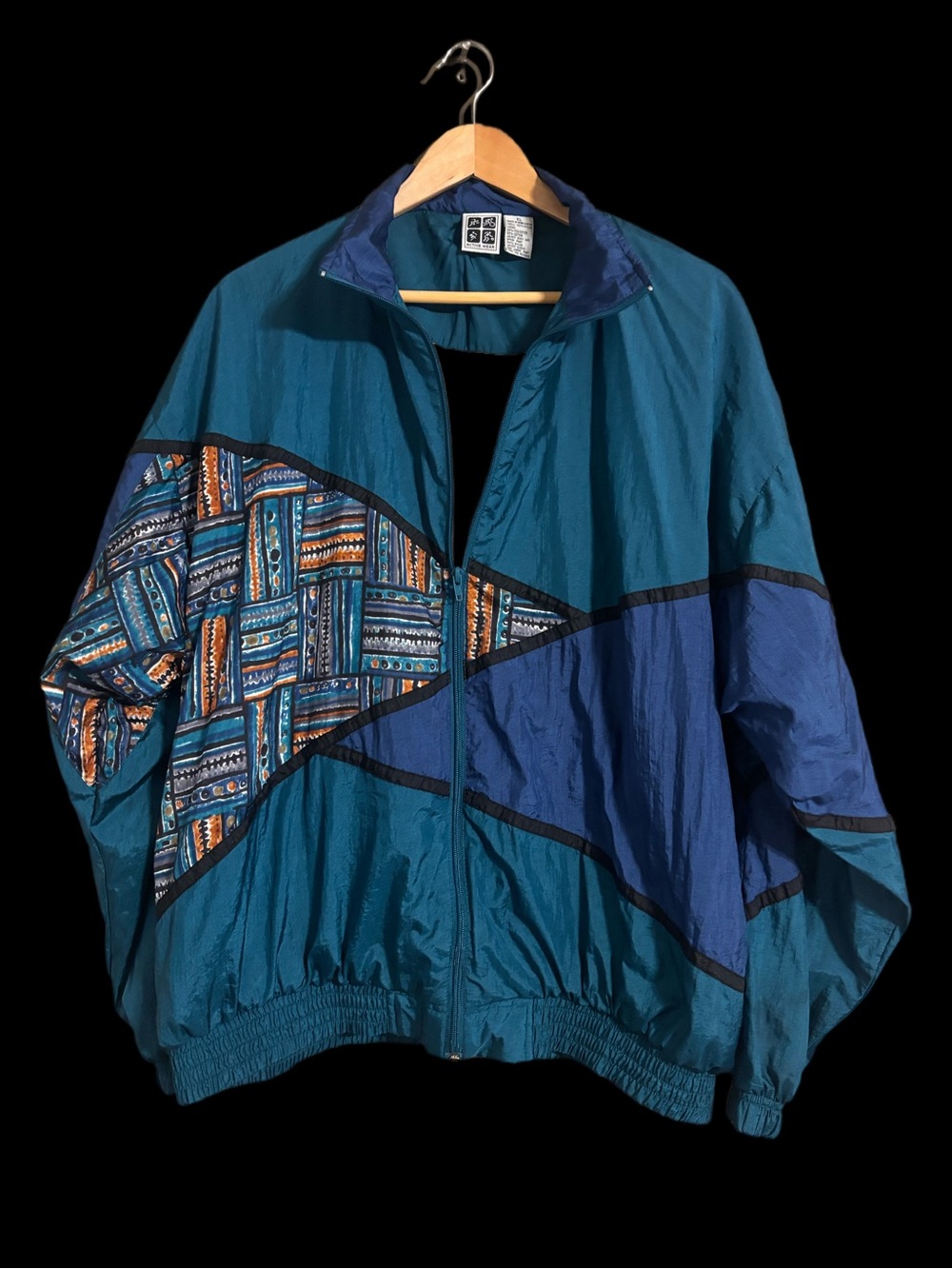 Hello 80’s Teal & Indigo Retro Pattern Windbreaker Active Wear Size Unisex XL - Picture 2 of 6